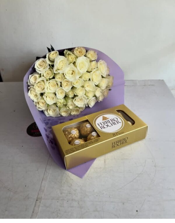 WHITE ROSES WITH 8 PIECE FERRERO